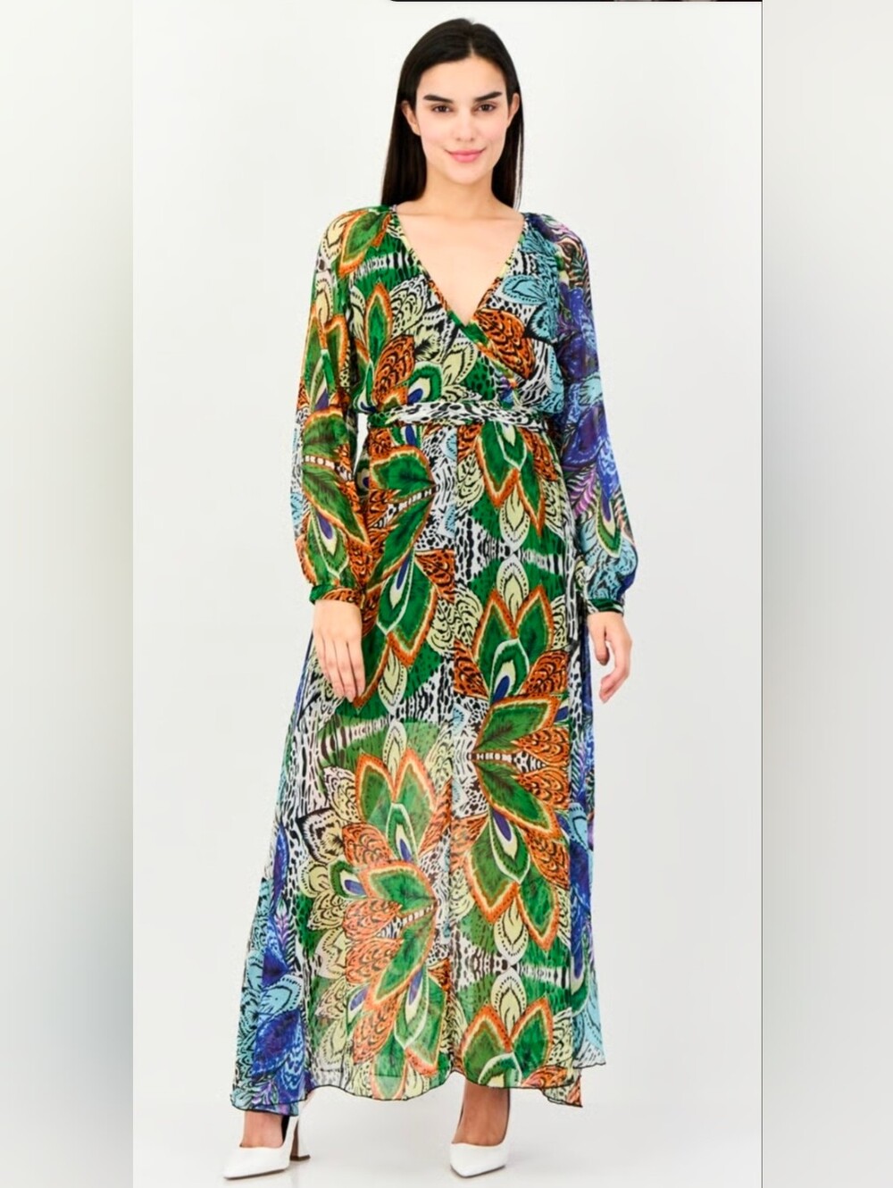 Bandolino Brand Women Allover Print Belted Maxi Dress, Multicolor Size L